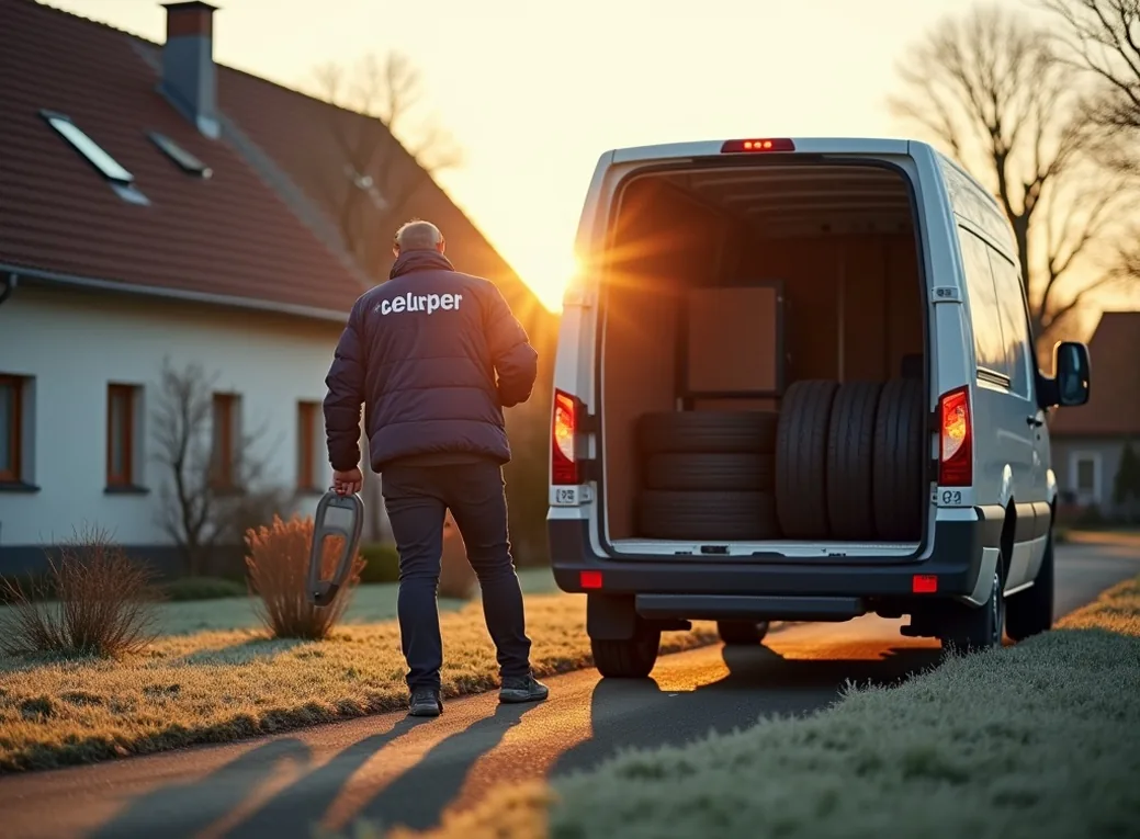 Courier unloading four tires from white delivery van in front of suburban house
