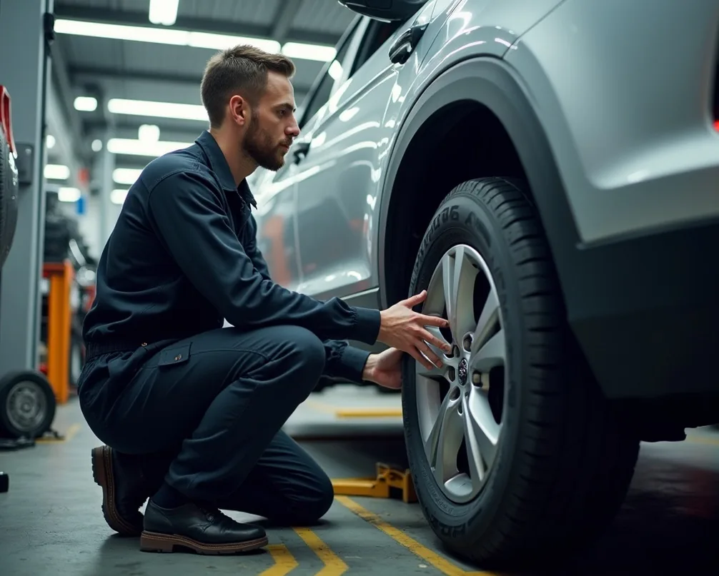 Skilled auto mechanic kneeling beside silver SUV in modern tire service center