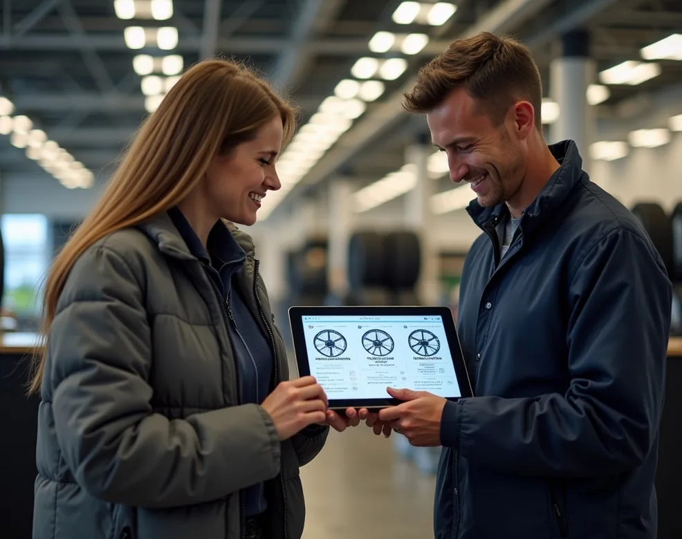 Customer and service advisor reviewing tablet in modern tire shop reception area