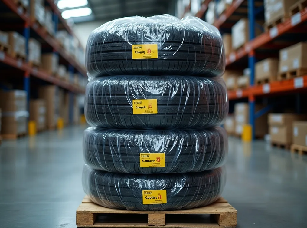 Stack of four stored tires wrapped in protective plastic bags with seasonal tags